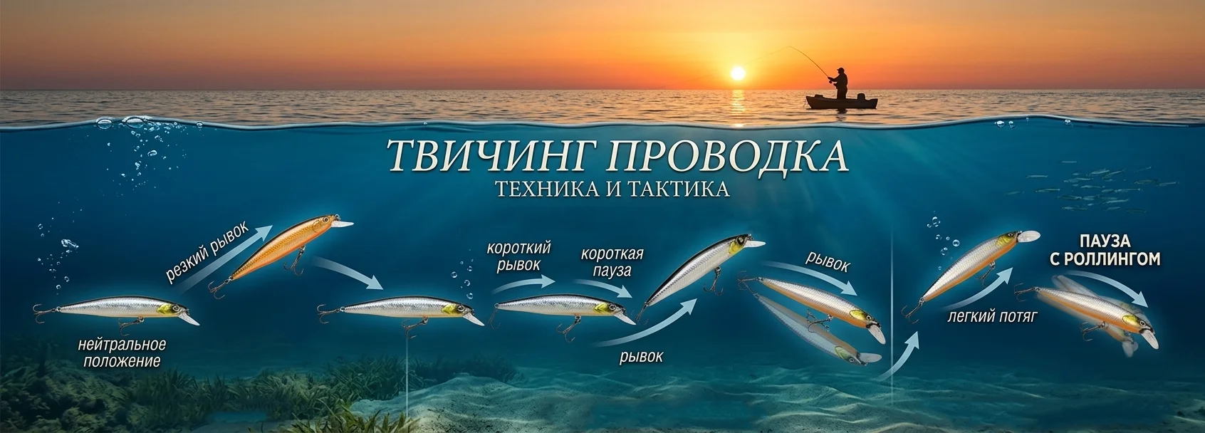 Твичинг проводка: схема движений воблера под водой (рывок, пауза, роллинг) на фоне рыболова в лодке на закате
